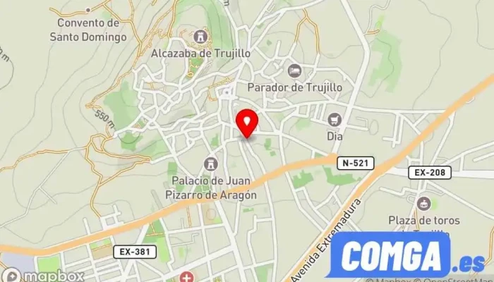 mapa de Calzados Romero reparación y artículos de piel copia de llaves Taller de reparación de botas, Cuidado de los pies, Servicio de duplicación de llaves, Marroquinería, Proveedor de artículos de cuero, Zapatero en Trujillo